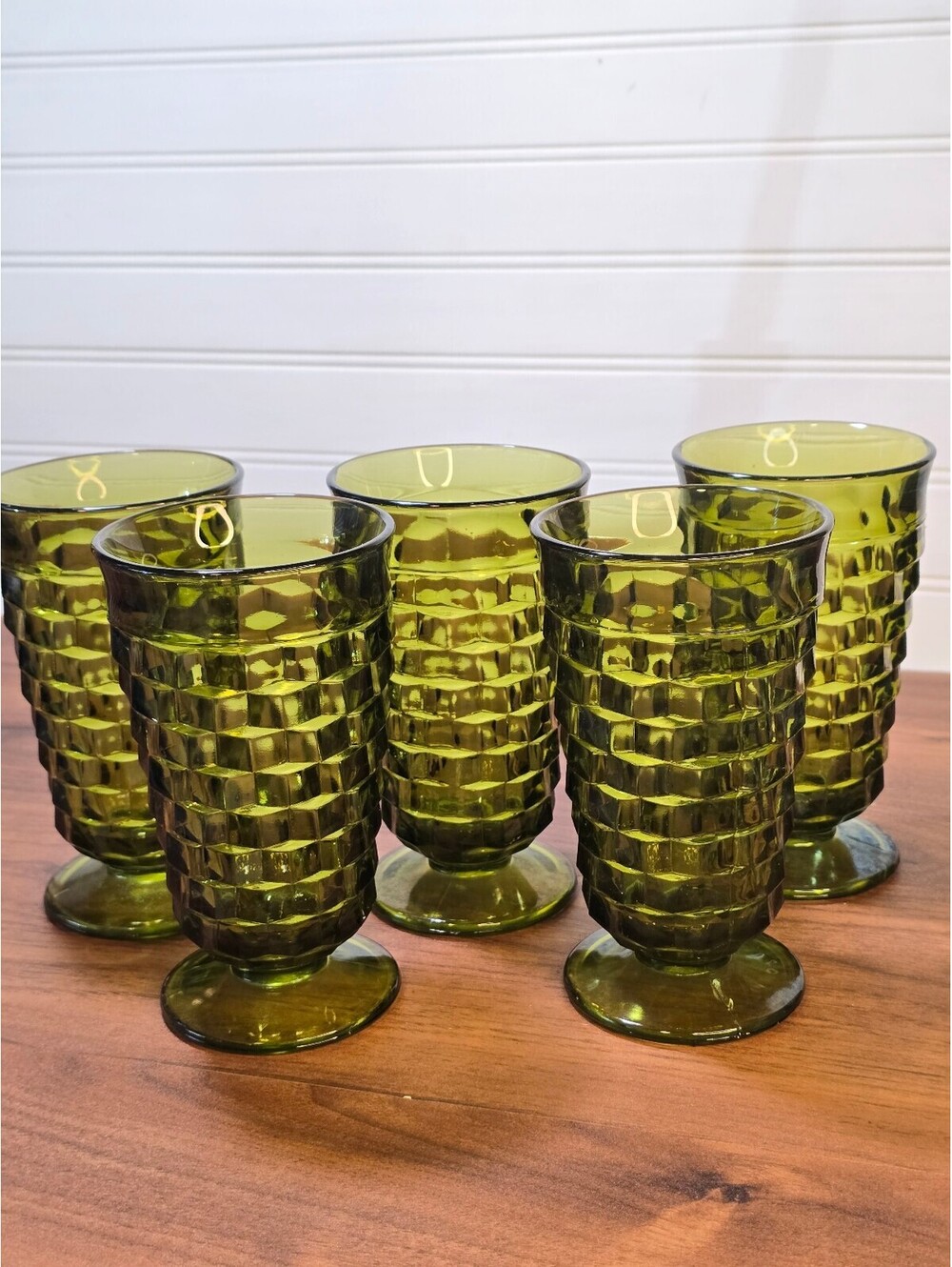 Set of 5 Vintage Olive Green Textured Glass Goblets